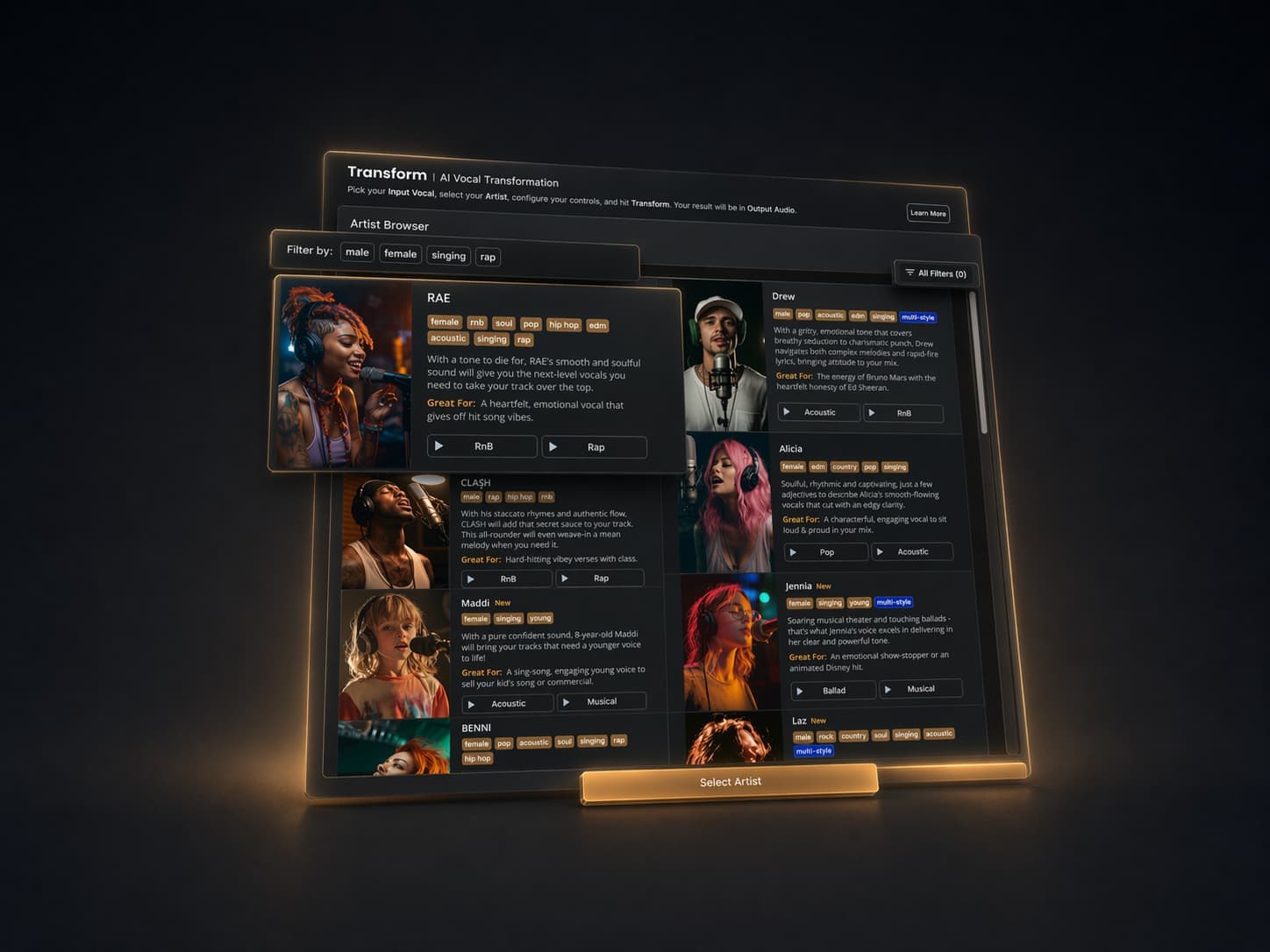 AI vocal transformation controls