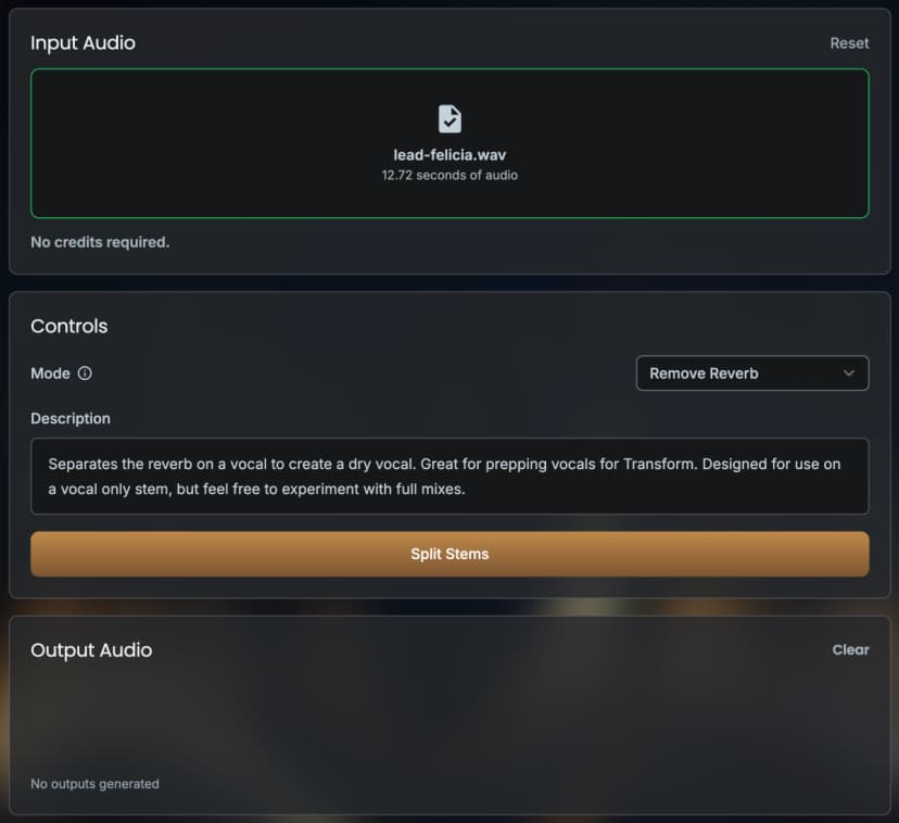 The De-Reverb option in Vocalist's Stem Splitter interface.