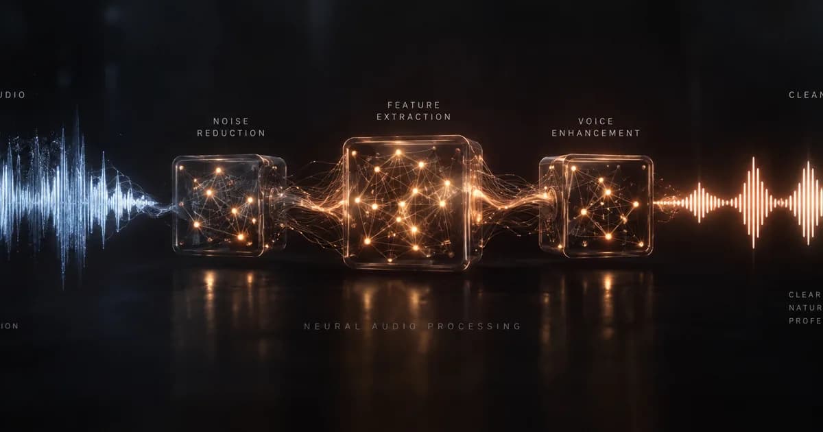 Digital sound wave passing through glowing neural audio processing nodes and emerging as a clean, polished vocal waveform