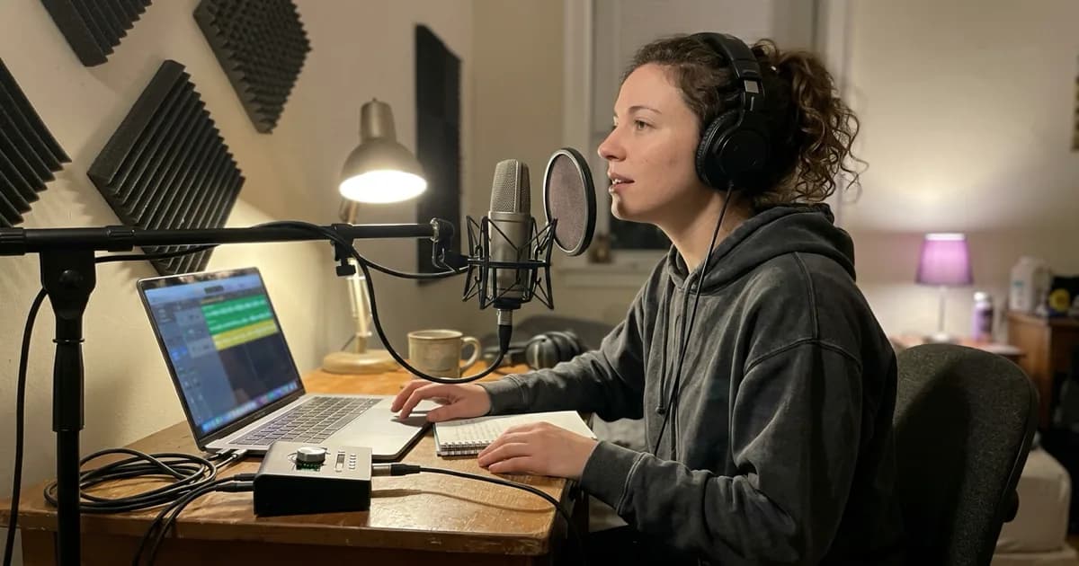 Independent musician recording vocals into a studio microphone at a home production desk