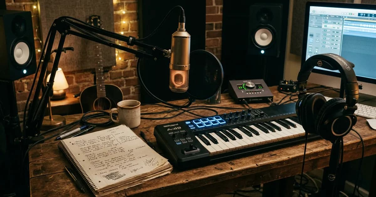 A songwriter's recording desk with an open lyric sheet, MIDI keyboard, studio headphones, and a warm microphone glow
