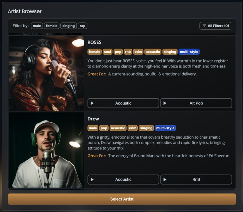Vocalist's Artist Browser for comparing available singer models.