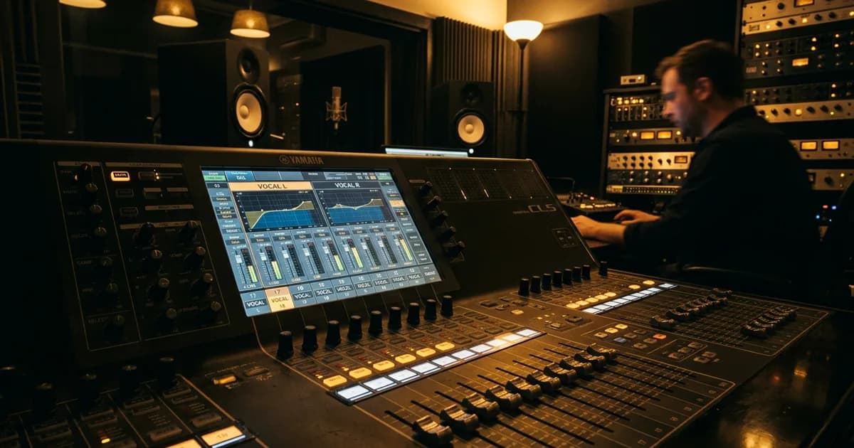Digital mixing console showing dual vocal channel faders panned left and right in a dark recording studio