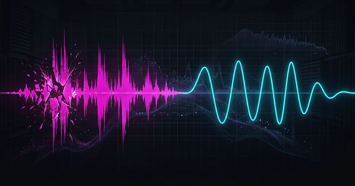A clean vocal waveform emerging from a fragmented waveform in a dark audio-editing workspace