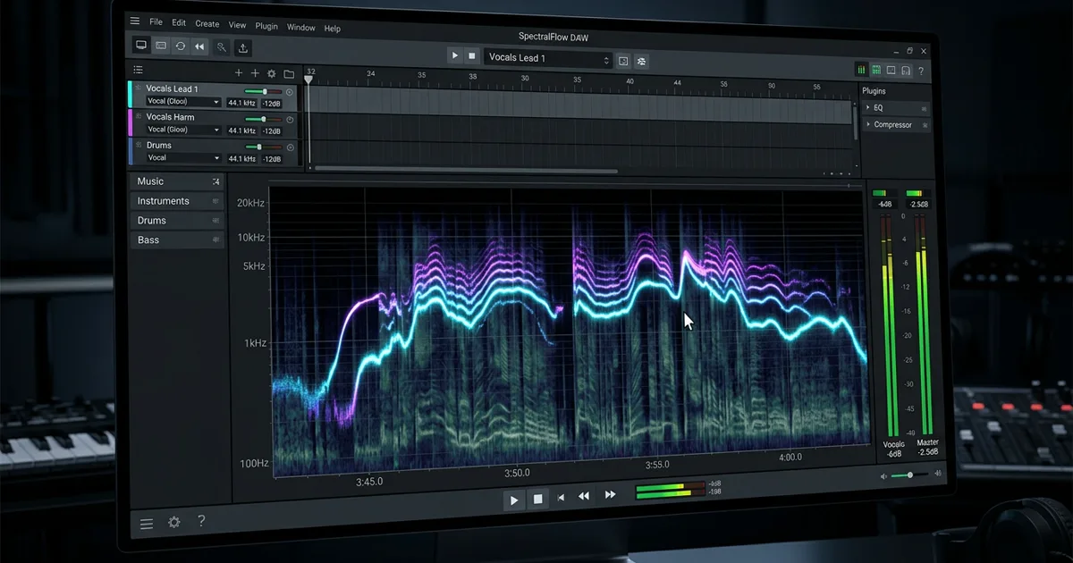 Digital spectral frequency display showing isolated vocal frequencies separated from complex background instrumentation