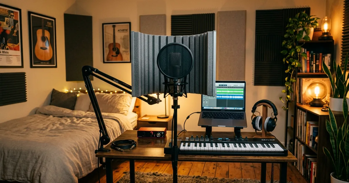A home recording studio setup with a microphone, reflection shield, and acoustic baffles in a cozy bedroom workspace