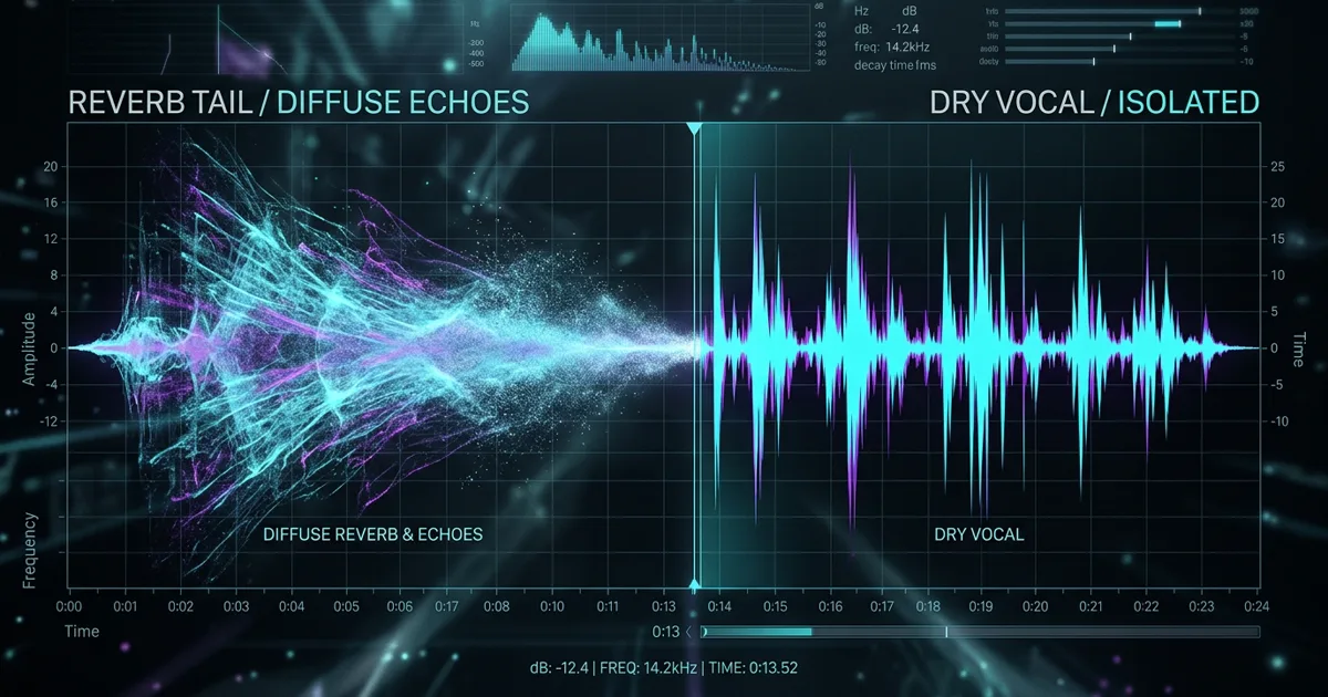 Digital sound wave display transitioning from an echoed diffuse reverb tail to a sharp, isolated dry vocal waveform