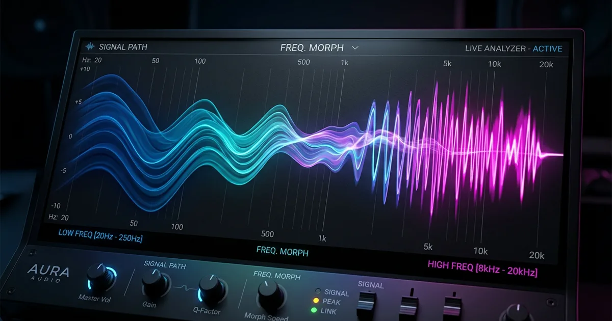 Digital sound wave frequencies morphing smoothly from deep blue low frequencies to bright magenta high frequencies