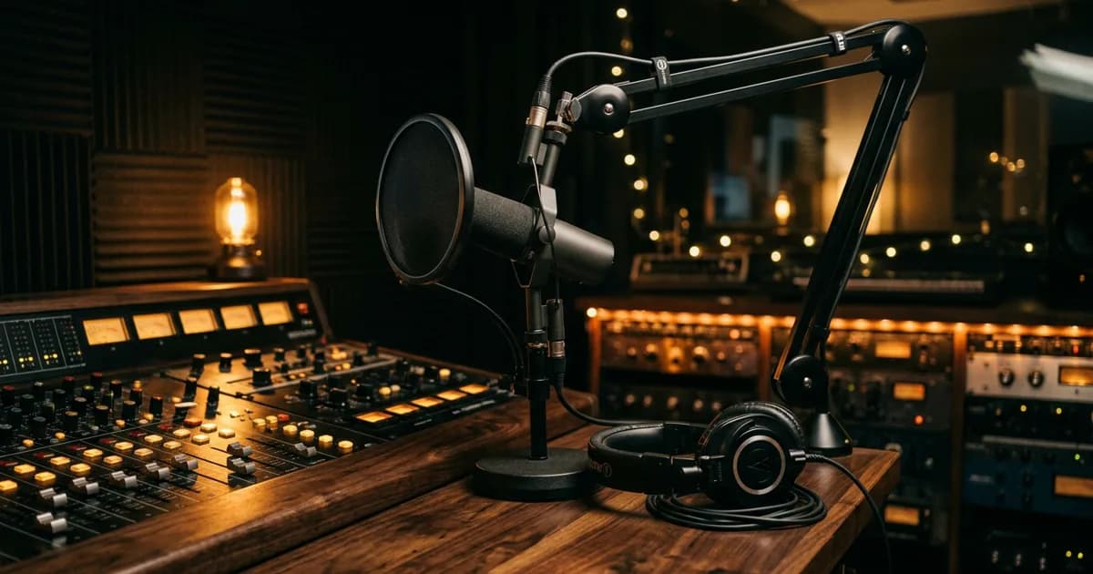A studio condenser microphone and headphones set up for recording scratch vocal takes in a dark production control room