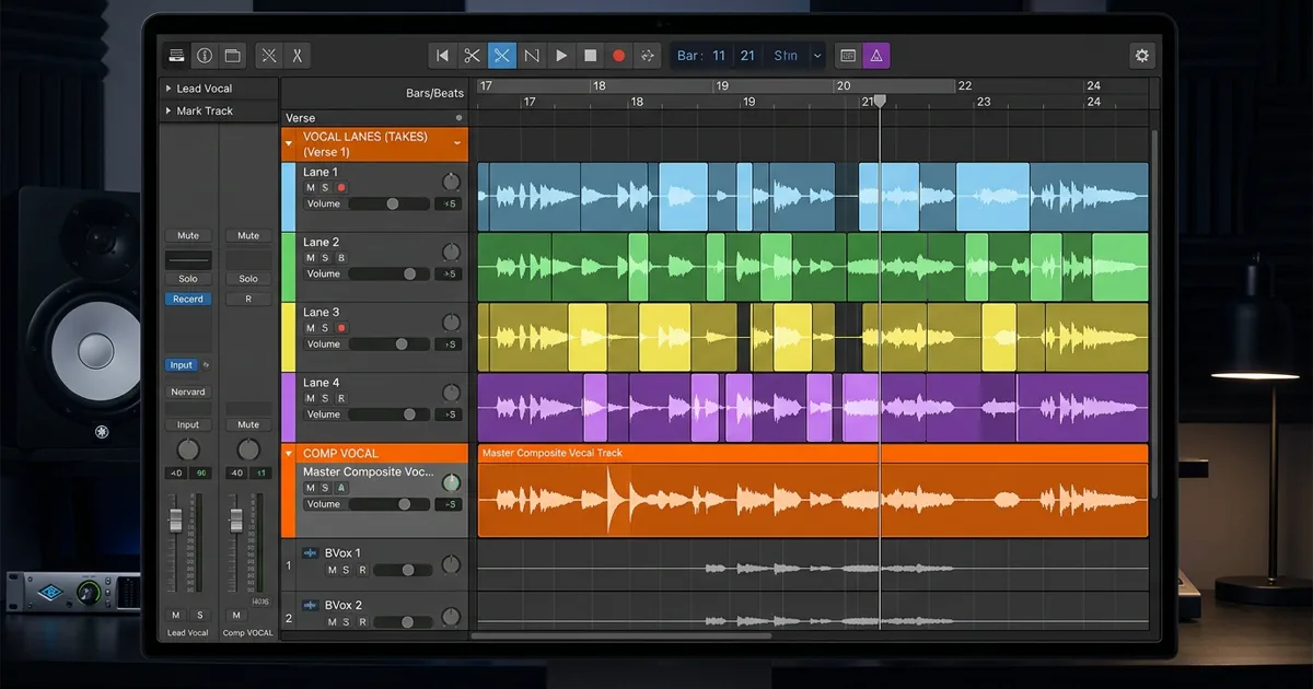 Digital audio workstation timeline showing sliced vocal take lanes assembled into a clean master composite vocal track