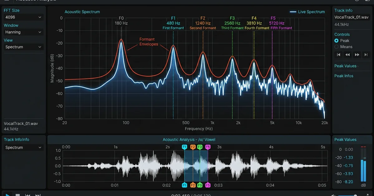 Acoustic frequency spectrum display showing resonance peaks and vocal formants across an audio waveform