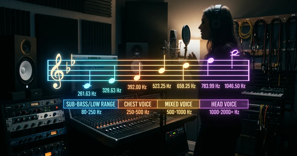 A glowing musical staff with pitch frequencies highlighting comfortable vocal ranges and registers against a dark audio studio backdrop